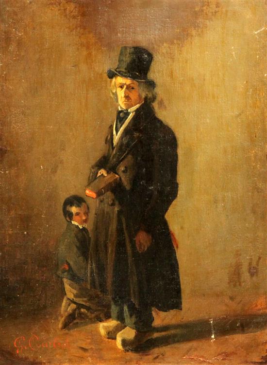 Attributed to Gustave Courbet (1819-1877) Portrait of a standing gentleman, a boy at his feet, 13 x 10in. unframed